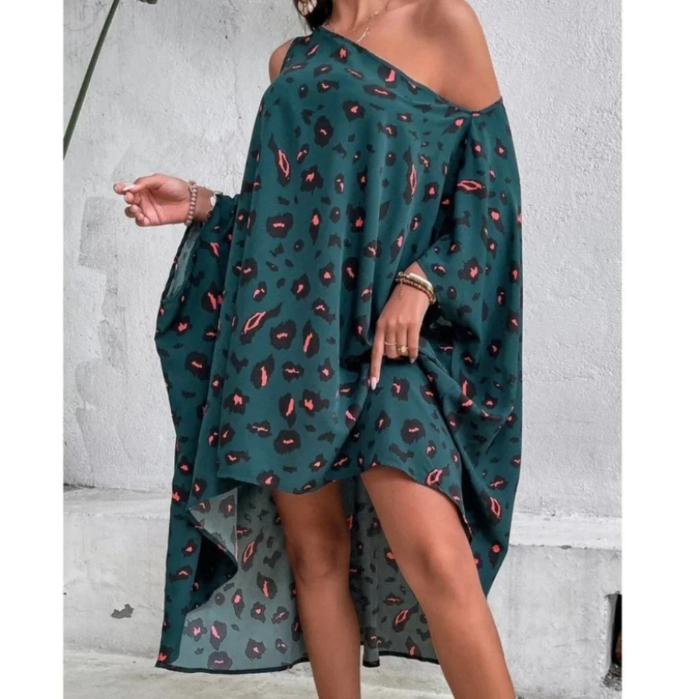 Dolman Sleeve Asymmetrical Neck animal Print Dip Hem Dress - Picture 3 of 6